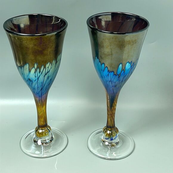 JIM BUSH Art Glass Hand Blown Iridescent Champagne Flutes PAIR 2014 - Picture 1 of 8
